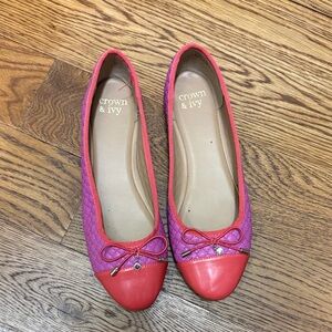 Crown & Ivy Pink and Orange Bow Flats, Size 10